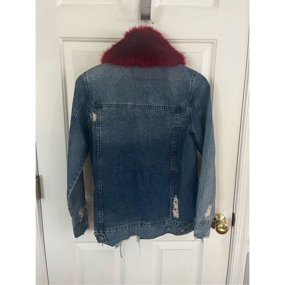 Blank NYC Dark Red Fur Trimmed Distressed Denim Jacket sz XS NWOT - Picture 8 of 9
